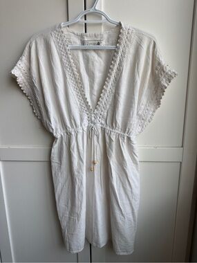 Sea Spice White Cotton Crochet Trim Beach Cover-Up Dress Size Large